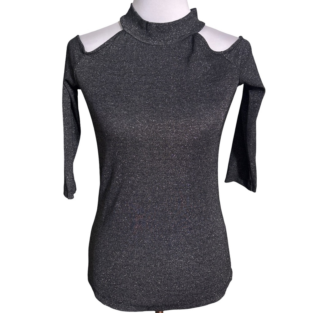 New York & Company Shiny Charcoal Cold Shoulder Top